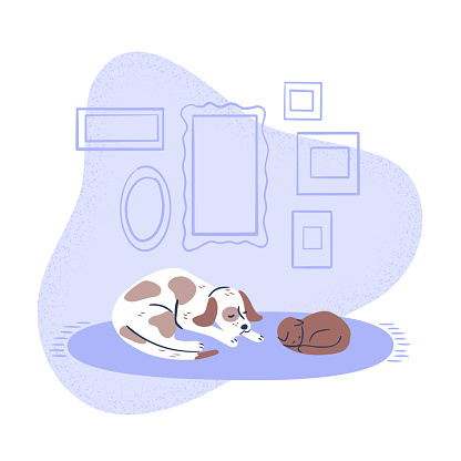 Illustration of dog and cat comfortably resting together on rug