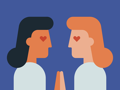 Illustration of face to face young couple in love