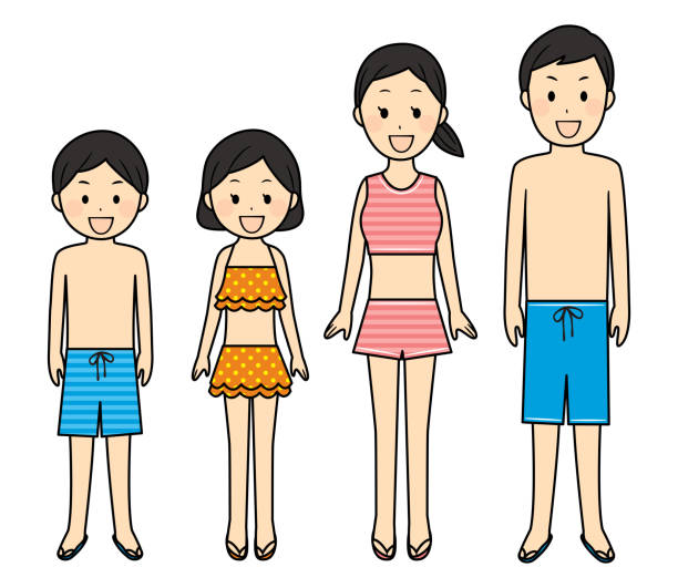 illustration of family members with swimsuits  little girls in bathing suits stock illustrations