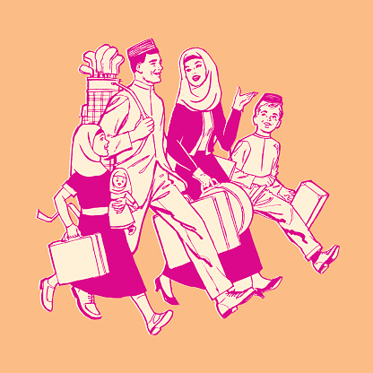 Illustration of family walking with luggage