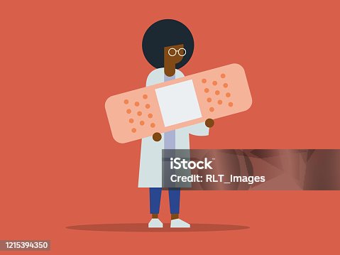 istock Illustration of female African doctor holding giant bandage 1215394350