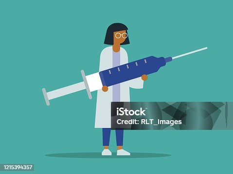 istock Illustration of female doctor holding giant syringe 1215394357