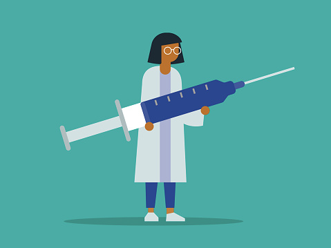 Illustration of female doctor holding giant syringe