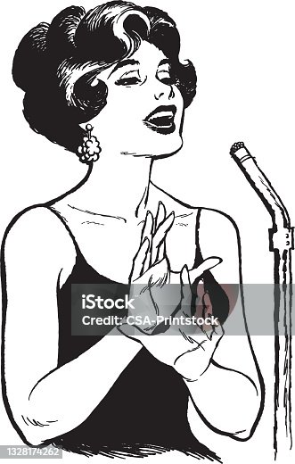 istock Illustration of female singer in front of microphone 1328174262