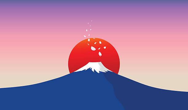 illustration of Fuji mountain with red sun in background Fuji mountain with falling sakura petals and red sun in background illustration with minimalism style mountain clipart stock illustrations