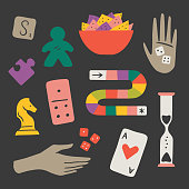 Illustration of fun game night components — hand-drawn vector elements