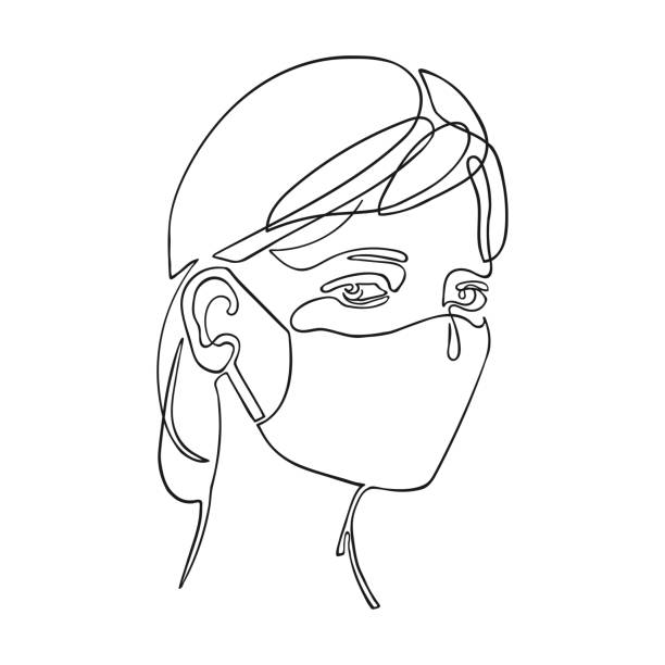 Illustration of girl using safety breathing mask Vector black and white illustration of girl using safety breathing mask. One line drawing. nurse face stock illustrations