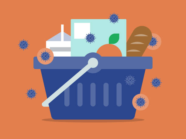 Illustration of grocery basket full of food infected with pathogens Modern flat vector illustration appropriate for a variety of uses including articles and blog posts. Vector artwork is easy to colorize, manipulate, and scales to any size. supermarket clipart stock illustrations