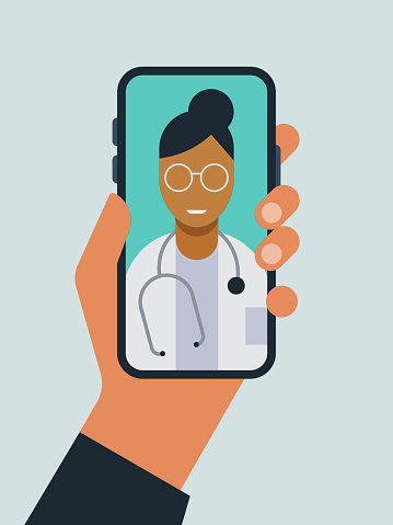 Illustration of hand holding smart phone with doctor on screen during telemedicine doctor visit