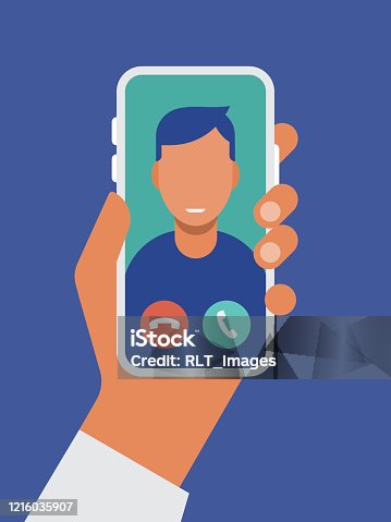 istock Illustration of hand holding smart phone with video call on screen 1216035907