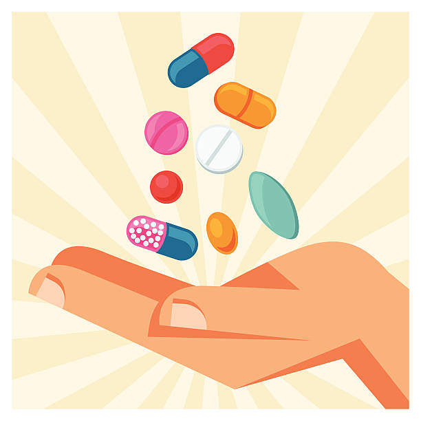 Illustration of hand holding various pills and capsules Illustration of hand holding various pills and capsules. pain borders stock illustrations