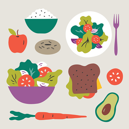 Illustration of healthy food choices — salad, lunch, fruit and vegetables, snacks