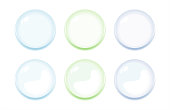 Illustration of icon bottons isolated on white. Set of white, light green, blue, violet color labels, 6 bottons. Multi-colored glass balls. Vector EPS 10