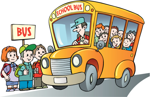 Illustration of kids and school bus at bus stop