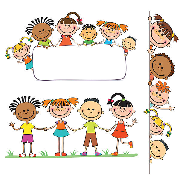 illustration of kids peeping behind placard illustration of kids peeping behind placard children together vector child borders stock illustrations