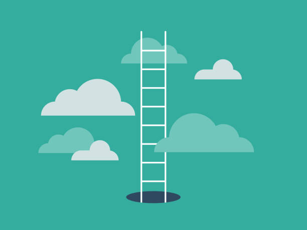 Illustration of ladder emerging from hole and leading into the clouds Modern flat vector illustration appropriate for a variety of uses including articles and blog posts. Vector artwork is easy to colorize, manipulate, and scales to any size. growth clipart stock illustrations