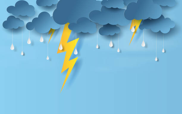 illustration of landscape view with black cloud and yellow lighting on blue sky.Rainy season in sea with storm lightning,Creative design paper art and craft style. vector poster,web-site with print illustration of landscape view with black cloud and yellow lighting on blue sky.Rainy season in sea with storm lightning,Creative design paper art and craft style. vector poster,web-site with print storm stock illustrations