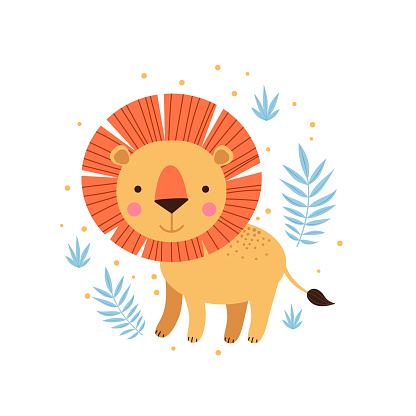 Illustration of lion and tropical leaves.
