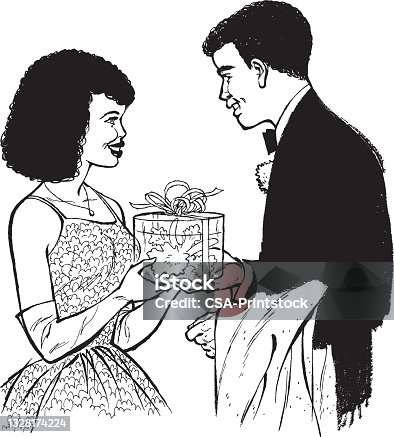 istock Illustration of man in tuxedo giving woman in dress gift 1328174224