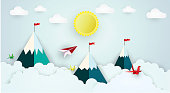 illustration of nature landscape and concept of business, plane flying on sky with cloud and mountain.design by paper art style