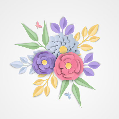 Illustration of paper art flowers. Graphic design for spring season. paper cut and craft style. vector, illustration.