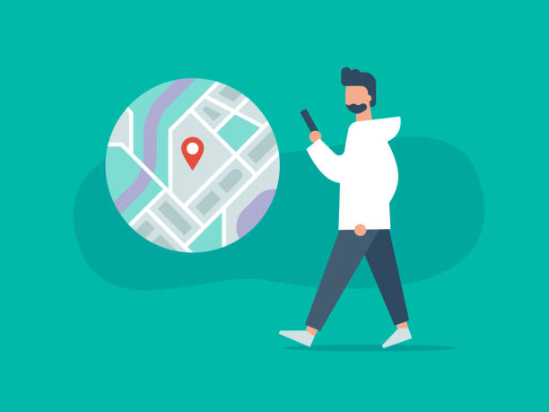 Illustration of person walking while using phone with navigation app Modern flat vector illustration appropriate for a variety of uses including articles and blog posts. Vector artwork is easy to colorize, manipulate, and scales to any size. person looking at map stock illustrations