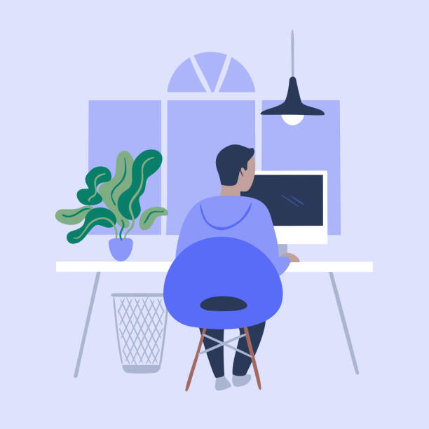 ilustrações de stock, clip art, desenhos animados e ícones de illustration of person working in tidy modern office - people work