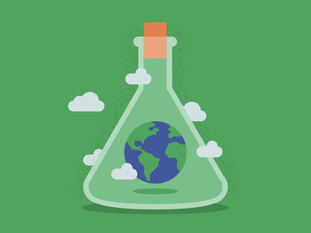 Illustration of Planet Earth Inside Laboratory Flask Modern flat vector illustration appropriate for a variety of uses including articles and blog posts. Vector artwork is easy to colorize, manipulate, and scales to any size. climate illustrations stock illustrations