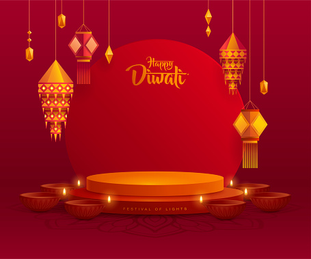 3D illustration of podium stage scene with Indian Diwali Diya oil lamp and paper graphic Indian lantern on round blank card. The Festival of Lights.