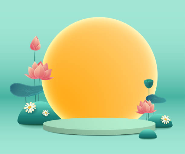 3D illustration of podium stage scene with paper graphic style of lotus lily pond and round blank card. Mid Autumn Mooncake festival background. vector art illustration