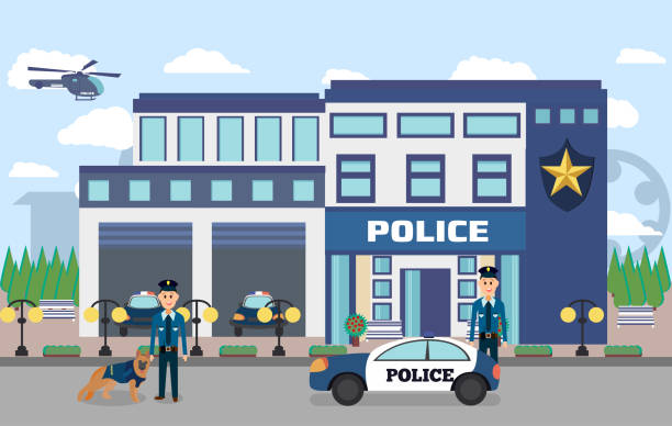 bildbanksillustrationer, clip art samt tecknat material och ikoner med illustration av polisen med officerare - house with 2 cars