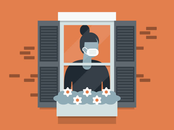 Illustration of quarantined young woman wearing face mask and looking out window Modern flat vector illustration appropriate for a variety of uses including articles and blog posts. Vector artwork is easy to colorize, manipulate, and scales to any size. solitude stock illustrations