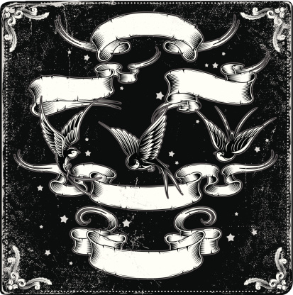 Illustration of ribbons and birds in black and white