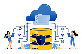 istock Illustration of sharing and communicating data with cloud services integrated with a secure database system. Vector design can be use for website, web, poster, banner, flyer, mobile apps, social media 1336002802