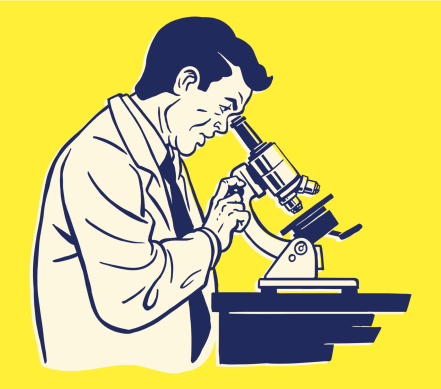 Illustration of side view of scientist using microscope