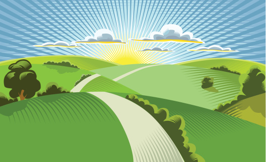 Illustration of sun rising behind rolling hills
