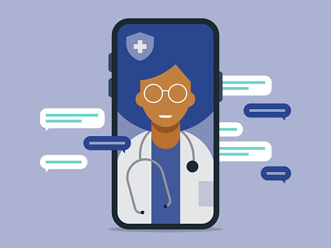 Illustration of telemedicine doctor visit medical exam on smart phone