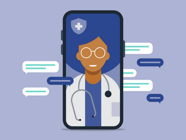Illustration of telemedicine doctor visit medical exam on smart phone Modern flat vector illustration appropriate for a variety of uses including articles and blog posts. Vector artwork is easy to colorize, manipulate, and scales to any size. medical exam illustrations stock illustrations