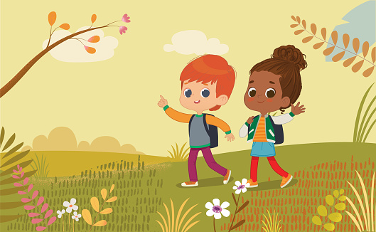 Illustration of the boy and girl with the backpack walk at Park. Two friends talk to each other, go back to school through Autumn park. Preschool kids go to school.