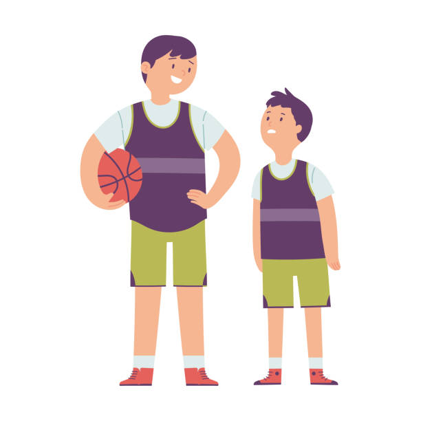 illustration of the character of a child who is experiencing growth constraints compared to his friend, the child sees his friend who is taller than him  tall boy stock illustrations