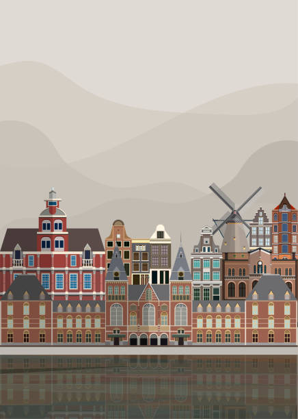 ilustrações de stock, clip art, desenhos animados e ícones de illustration of the dutch landmarks - amsterdam street