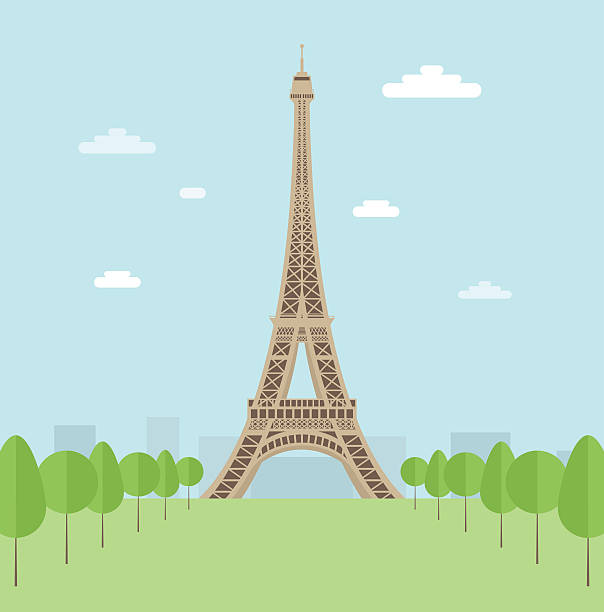 Illustration of the Eiffel Tower surrounded by trees Flat style. Vector contains transparent objects and clipping mask. eiffel tower stock illustrations