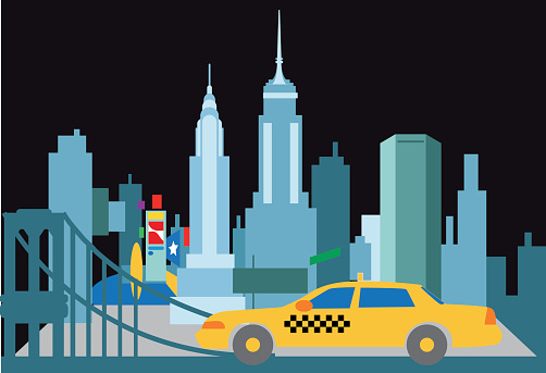 Illustration of the New York skyline with a taxi