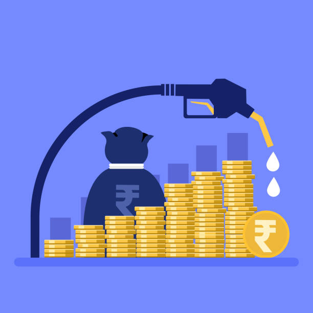 Illustration of the nozzle of a fuel pump with stacks of Indian currency coins. Concept for increasing fuel price Illustration of the nozzle of a fuel pump with stacks of Indian currency coins. Concept for increasing fuel price oil finanace market  stock illustrations