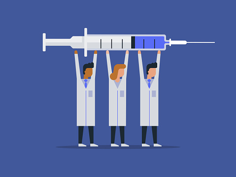Illustration of three doctors holding up syringe of vaccine in triumph
