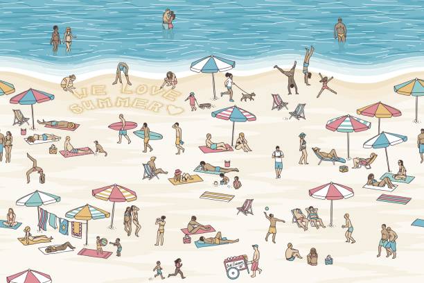 Illustration of tiny people at the beach vector art illustration