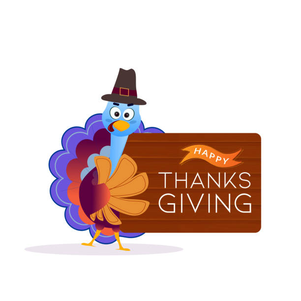 Illustration of turkey bird wearing pilgrim hat with wooden message card for Happy Thanksgiving Day celebration concept. vector art illustration