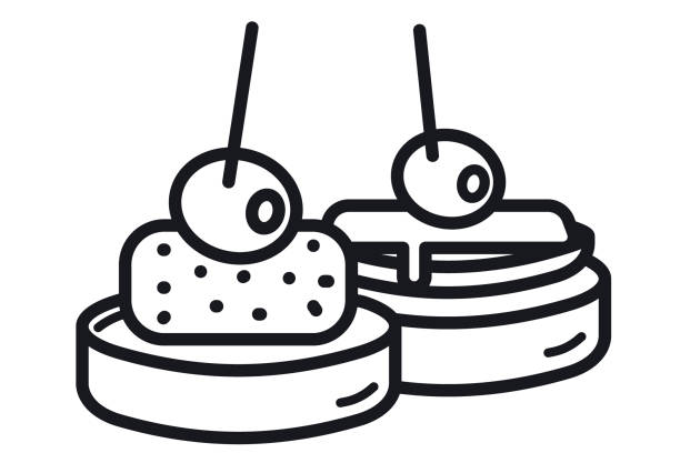 illustrazioni stock, clip art, cartoni animati e icone di tendenza di illustrazione del tipico simbolo dello spuntino spagnolo, cibo su fetta di pane (pincho). - aperitivo