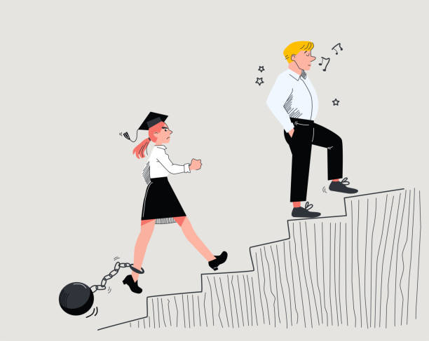 illustration of unfair salary gap between male and female professional employees. Troubles and problems for women climb corporate career ladder. Young university graduate struggle with ball and chain Young woman with good education is limited while reaching professional goals and climbing career ladder due to her gender in comparison with male counterparts gender stereotypes stock illustrations