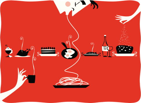 Illustration of vintage kitchen items, restaurant, cattering, pastries, gourmet